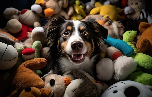 Cute dog with various pet accessories at home