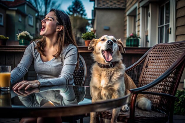 Photo cute dog yawning while sitting on womans lap at dining table