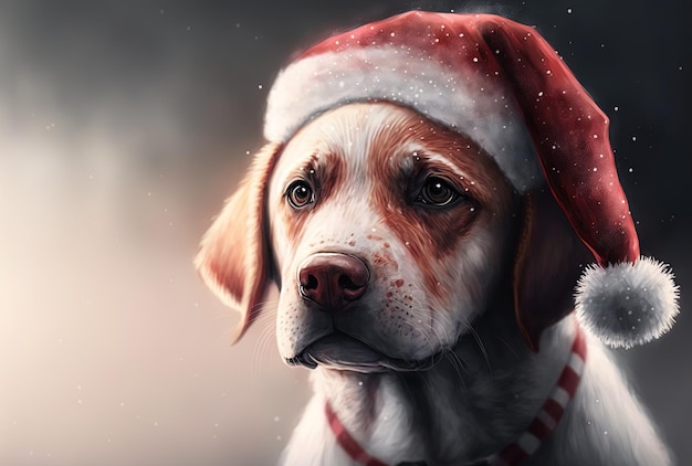 Cute doggie wearing a red Santa Claus cap to celebrate Christmas