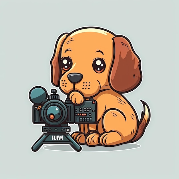 Cute doggy photographer with a camera on light background Color illustration Generative AI