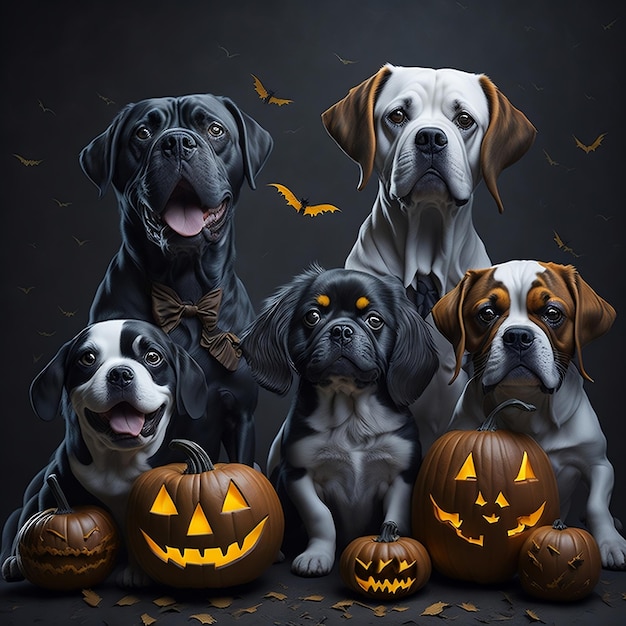 Cute Dogs celebrating Halloween Party With pumpkins and bats