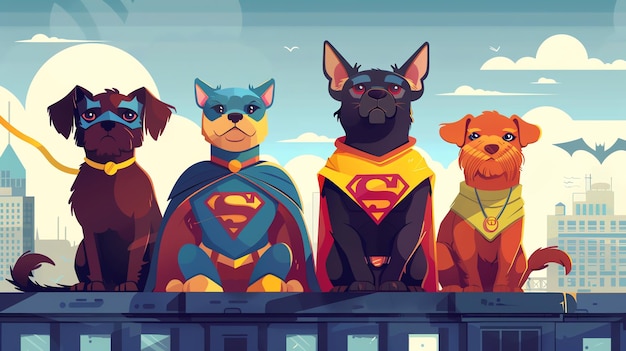 Photo cute dogs dressed as superheroes on a rooftop looking heroic