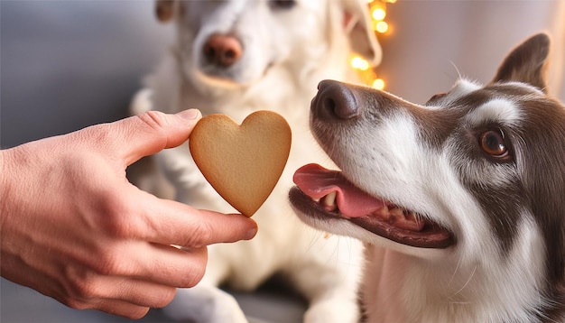 Cute dogs and gingerbread heart in hand on blurred background Friendship between dog and owner