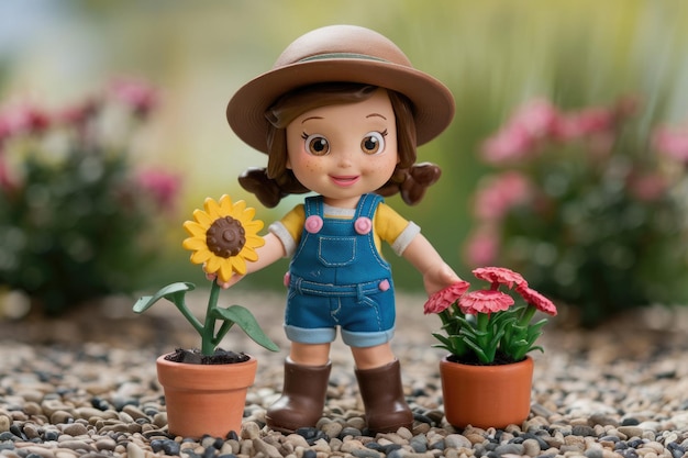 A cute doll dressed as a gardener holds a sunflower and stands in front of a potted pink flower