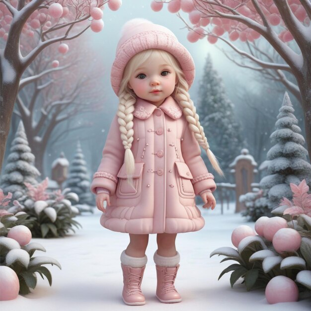 Photo cute doll illustration stands in a snowy forest