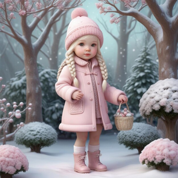 cute doll illustration stands in a snowy forest