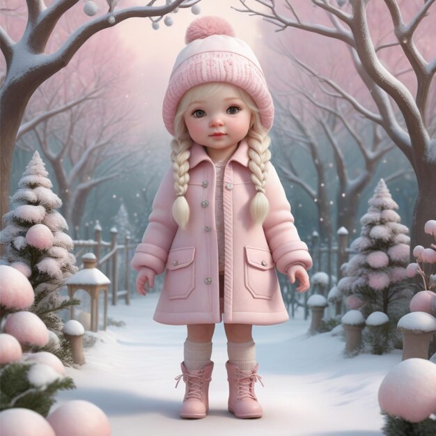 cute doll illustration stands in a snowy forest