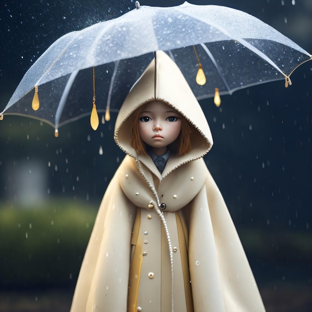 Cute doll with umbrella and jacket under rain cinematic photo illustration with unfocus background