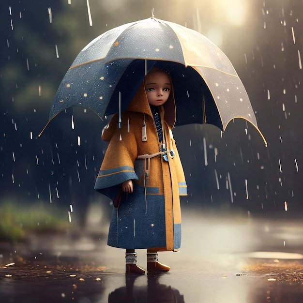 Cute doll with umbrella and jacket under rain cinematic photo illustration with unfocus background