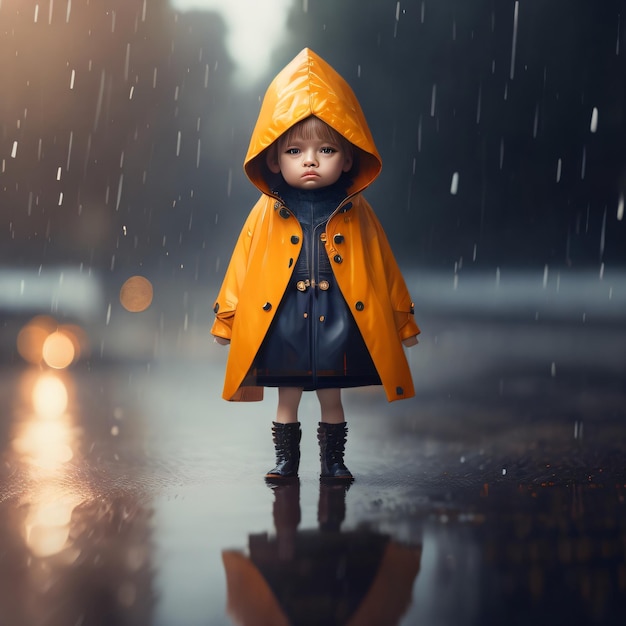 Cute doll with umbrella and jacket under rain cinematic photo illustration with unfocus background