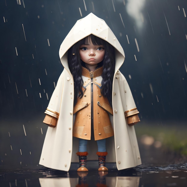 Cute doll with umbrella and jacket under rain cinematic photo illustration with unfocus background