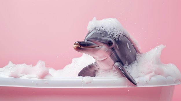 A cute dolphin sits in a bathtub with plenty of foam on his head