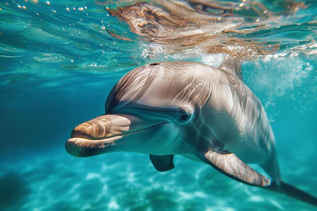 A cute dolphin swimming in the clear blue water smiling at the camera high definition photography