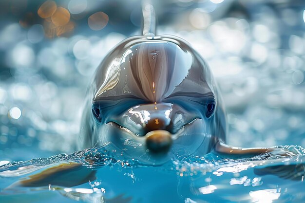 A cute dolphin swimming in the water with a cute blue background