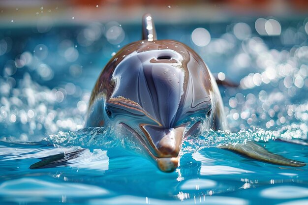 A cute dolphin swimming in the water with a cute blue background