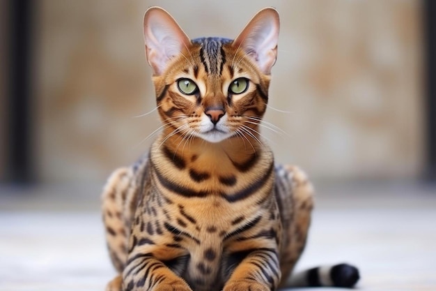 Cute domestic cat sitting looking at camera surrounded