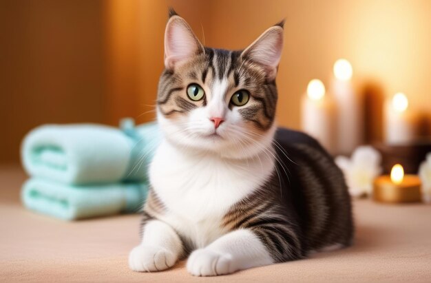 Cute domestic cat treatments at the spa Caring for pets little brothers love for animals