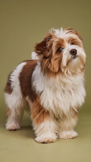 Cute domestic dog on color background