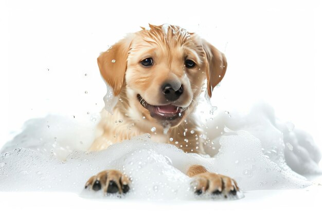 cute domestic dog washing itself wet from water on white background isolated