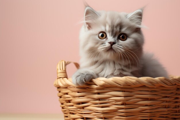 cute domestic fluffy gray cat in a basket on a pink background