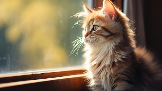 Cute Domestic Kitten by Window Gazing Outside