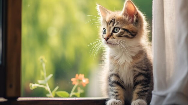 Cute Domestic Kitten by Window Gazing Outside