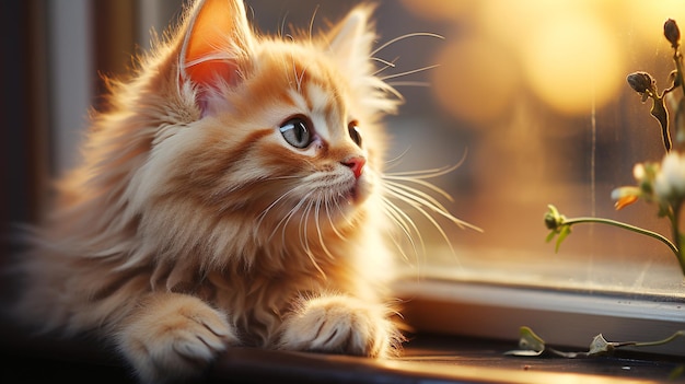 Cute domestic kitten sits at window staring outside