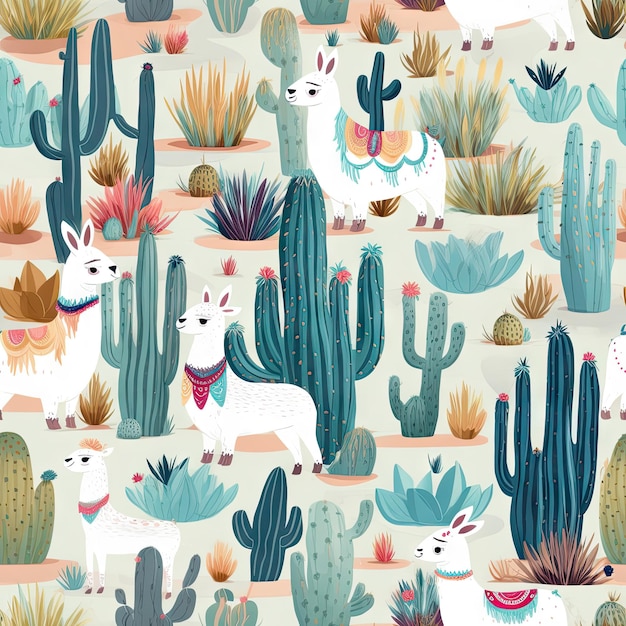 Cute doodle of llama and cactus on white background seamless pattern