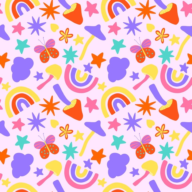 Cute doodle rainbow, mushroom, star seamless pattern. Modern flat pop up repeat print on pink