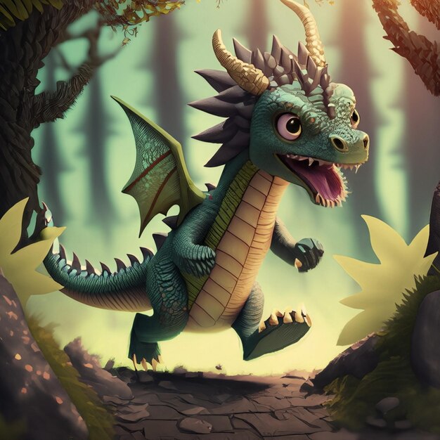 a cute dragon animal running through a magical forest