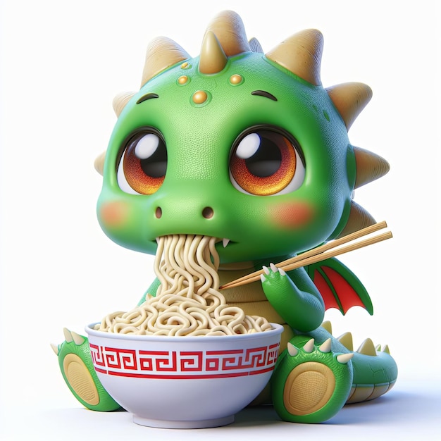 cute dragon eating ramen noodle cartoon 3d