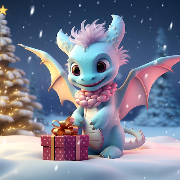 Cute dragon and gift boxes new year or Christmas 3d illustration AI generation