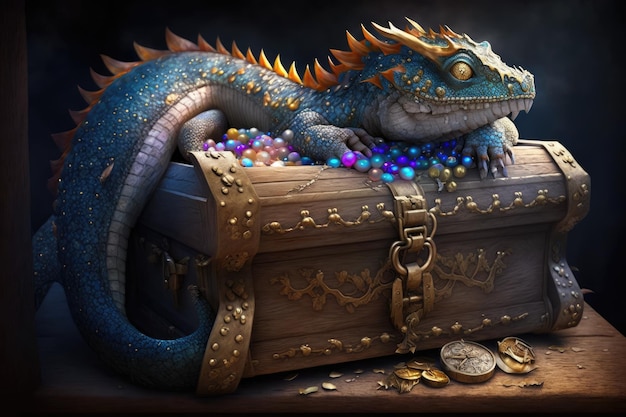 Cute dragon sleeping on treasure chest with view of glittering jewels