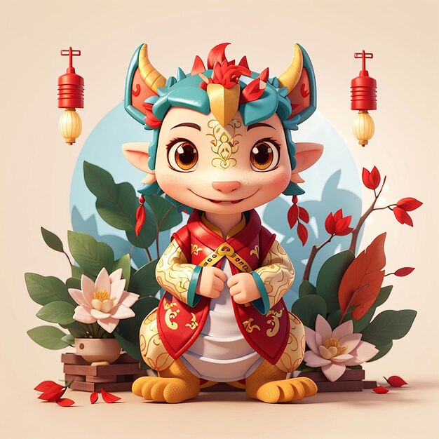 Photo cute dragon wearing cheongsam clothes cartoon vector icon illustration animal holiday isolated flat