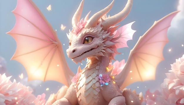 Cute dragon with flowers and butterflies