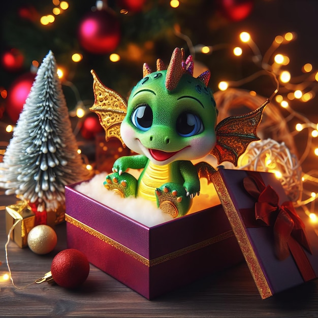 Cute dragon with gifts Eastern calendar symbol Christmas or New Year background with selective foc