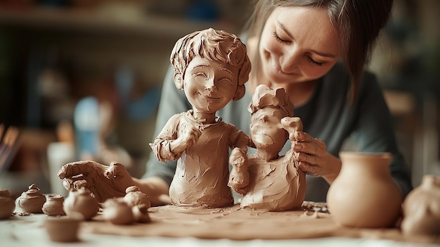 cute drawing of an adult and a child as the two of them sculpt from clay