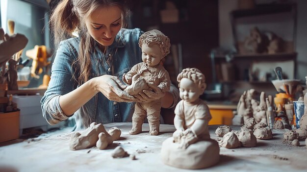 Photo cute drawing of an adult and a child as the two of them sculpt from clay