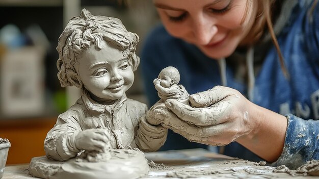 Photo cute drawing of an adult and a child as the two of them sculpt from clay