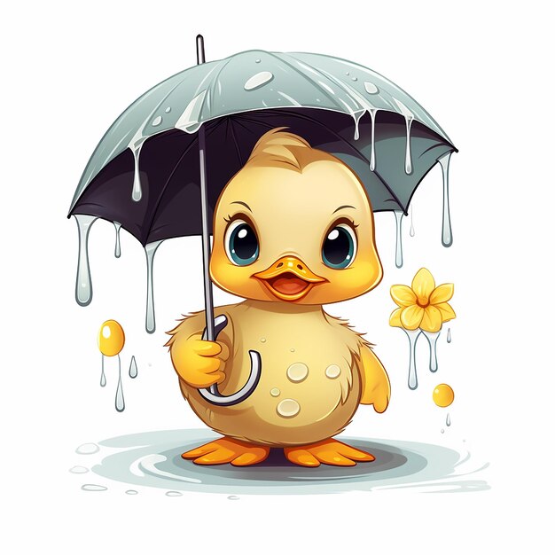 Cute duck with umbrella in the rain cartoon icon