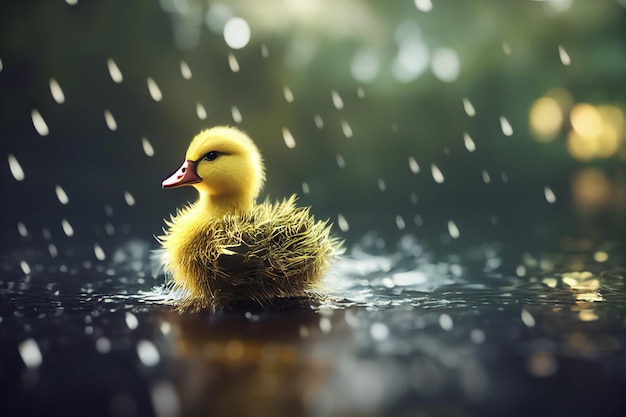 Cute Duckling Playing in an Outdoor Pond in a Pouring Rain