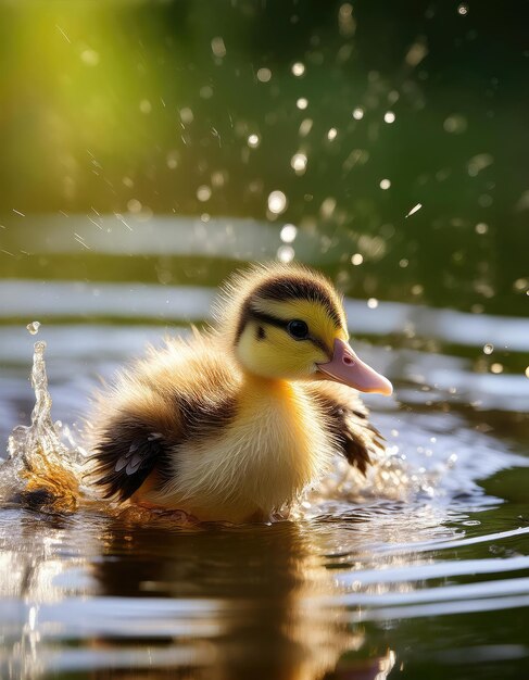 Photo cute duckling swims in pond