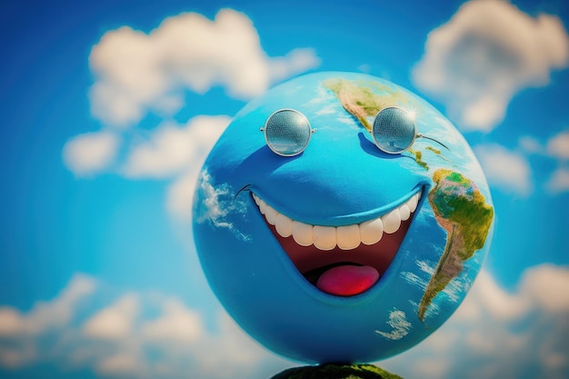 Cute earth character laughting on blue sky background Happy Earth day World laughter day