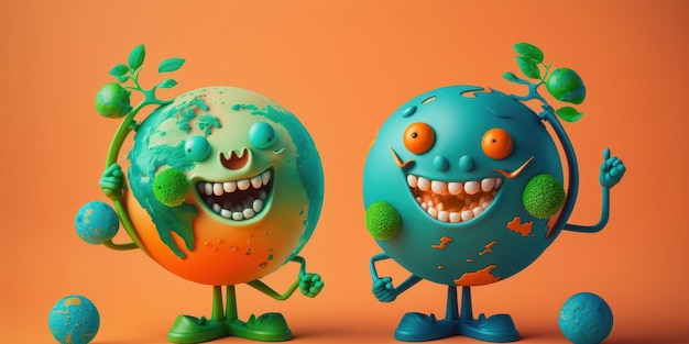 Cute Earth character laughting on orange background Happy Earth day World laughter day Generative ai