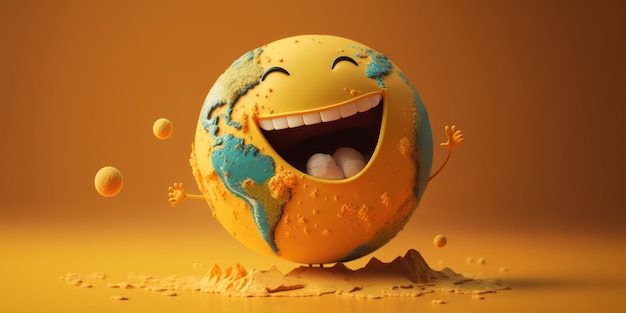 Cute Earth character laughting on yellow background Happy Earth day World laughter day Generative ai