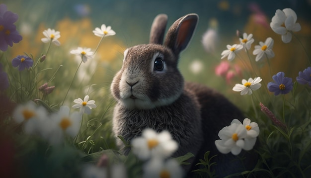 Cute Easter Bunny in a Field of Flower Generative AI