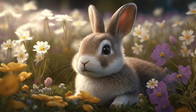 Cute Easter Bunny in a Field of Flower Generative AI