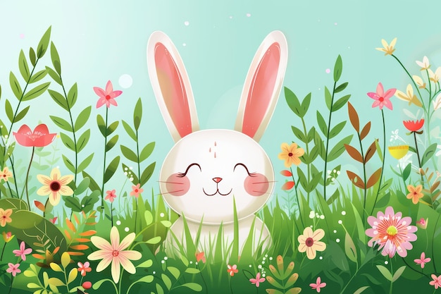 Cute easter bunny in green grass with colorful flowers around