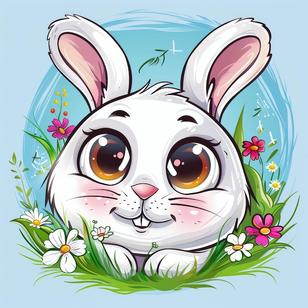 Cute easter bunny in green grass with colorful flowers around