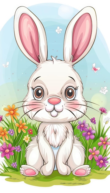 Cute easter bunny in green grass with colorful flowers around